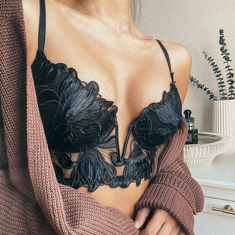 CINOON Sexy French Lace Embroidery Brassiere Lingerie Underwear Push Up thin Bralette Deep V Bra and Panty Set | tif-shop24.de