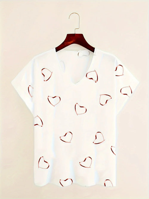 Herzdruck V-Ausschnitt Lässiges Kurzarm-Top T-Shirt | tif-shop24.de