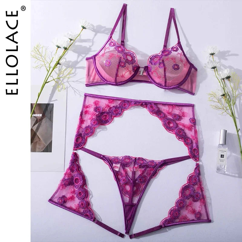 Ellolace Lingerie Fancy Female Underwear Embroidery 3-Pieces Luxury Lace Bra And Panty Sexy Garters Transparent Exotic Sets | tif-shop24.de