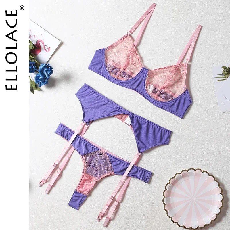 Ellolace Satin Patchwork Slip Sexy Spitze Zarte Unterwäsche, 3-teilige Dessous-Sets,Bh Kit Push-Up Strumpfbänder - tif-shop24.de