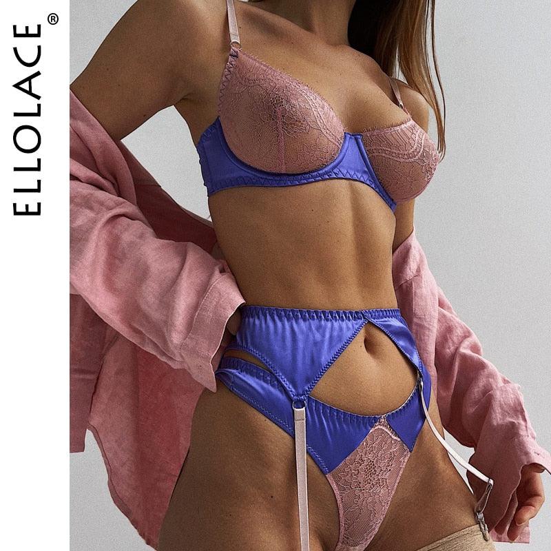 Ellolace Satin Patchwork Slip Sexy Spitze Zarte Unterwäsche, 3-teilige Dessous-Sets,Bh Kit Push-Up Strumpfbänder - tif-shop24.de