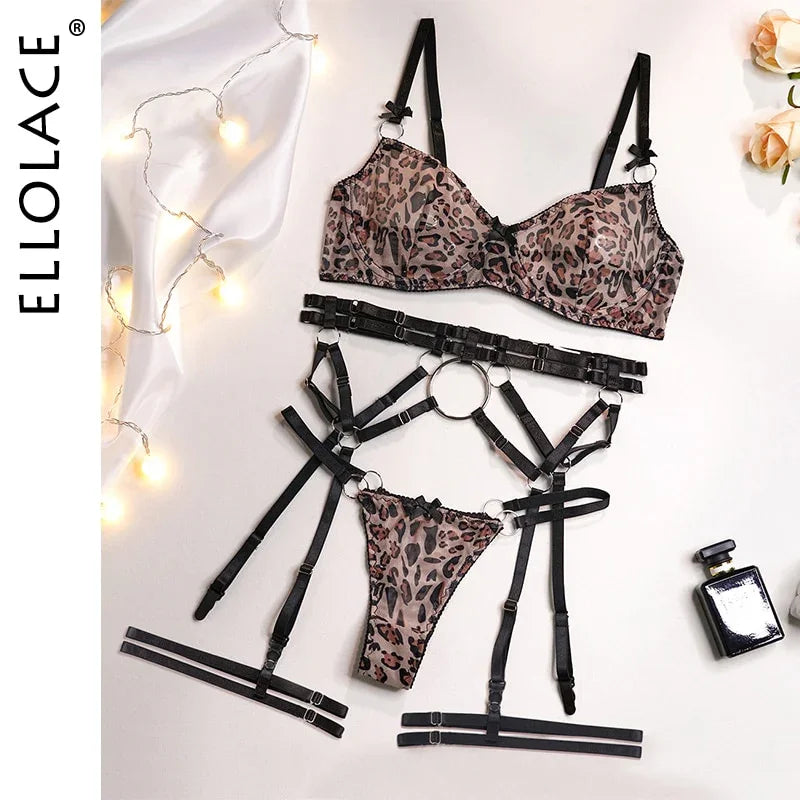 Ellolace Erotic Leopard Lingerie Sexy Fancy Underwear Transparent Bra Porn Suits 5-Piece Naughty Intimate Luxury Lace Brief Sets | tif-shop24.de