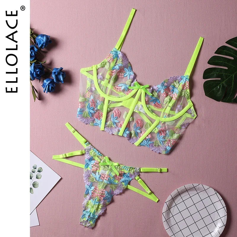 Ellolace Luxus-Dessous Sexy Blumenstickerei-Set Bügel-BH-Tangas Exotische Intim-Unterwäsche in Neongrün | tif-shop24.de