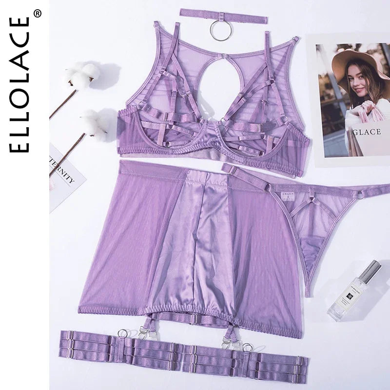 Ellolace Rote Dessous 5-Tilige Unterwäsche Sexy Unzensiert Transparenter BH | tif-shop24.de