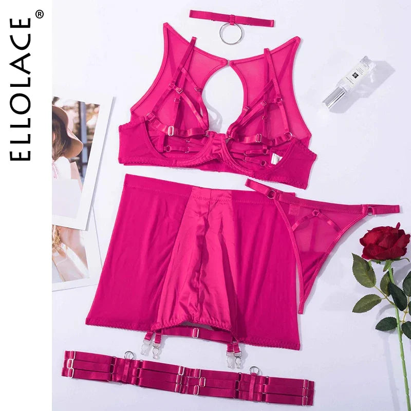 Ellolace Rote Dessous 5-Tilige Unterwäsche Sexy Unzensiert Transparenter BH | tif-shop24.de