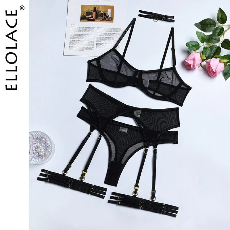 Ellolace 4 teilige Set Sexy Erotische Dessous Unterwäsche Bh Strumpfbänder Transparente Spitze Nahtlos | tif-shop24.de