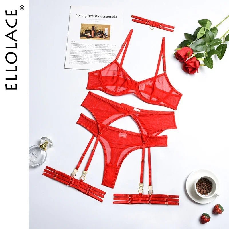 Ellolace 4 teilige Set Sexy Erotische Dessous Unterwäsche Bh Strumpfbänder Transparente Spitze Nahtlos | tif-shop24.de