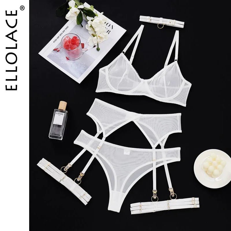 Ellolace 4 teilige Set Sexy Erotische Dessous Unterwäsche Bh Strumpfbänder Transparente Spitze Nahtlos | tif-shop24.de