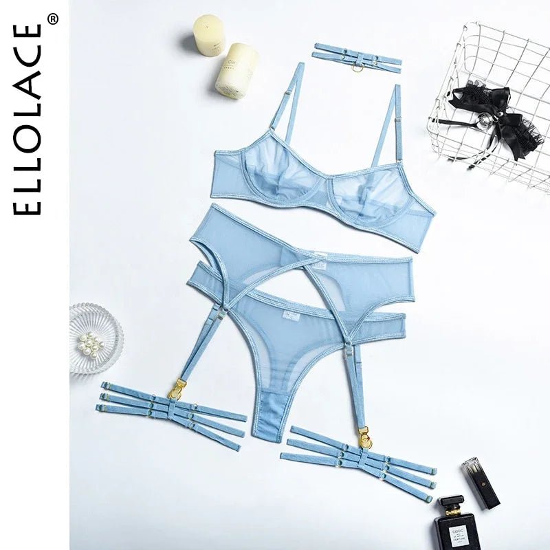 Ellolace 4 teilige Set Sexy Erotische Dessous Unterwäsche Bh Strumpfbänder Transparente Spitze Nahtlos - tif-shop24.de