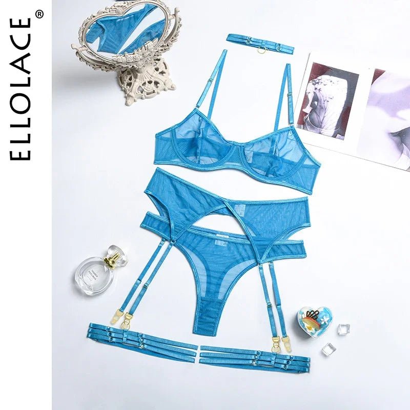 Ellolace 4 teilige Set Sexy Erotische Dessous Unterwäsche Bh Strumpfbänder Transparente Spitze Nahtlos - tif-shop24.de