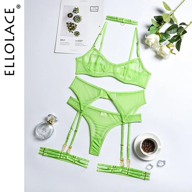 Ellolace 4 teilige Set Sexy Erotische Dessous Unterwäsche Bh Strumpfbänder Transparente Spitze Nahtlos | tif-shop24.de