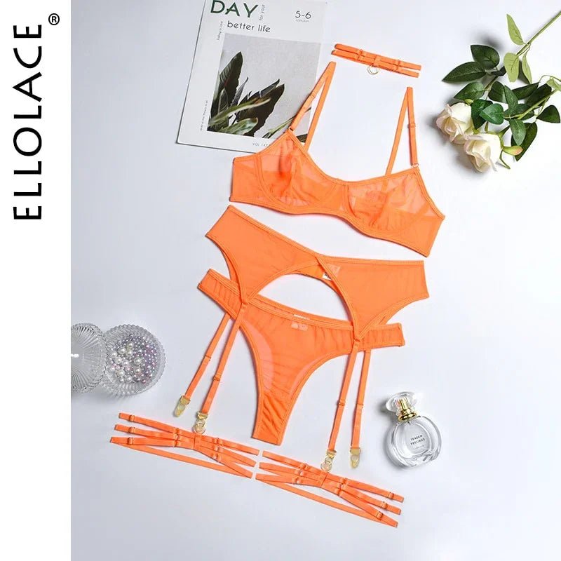 Ellolace 4 teilige Set Sexy Erotische Dessous Unterwäsche Bh Strumpfbänder Transparente Spitze Nahtlos - tif-shop24.de