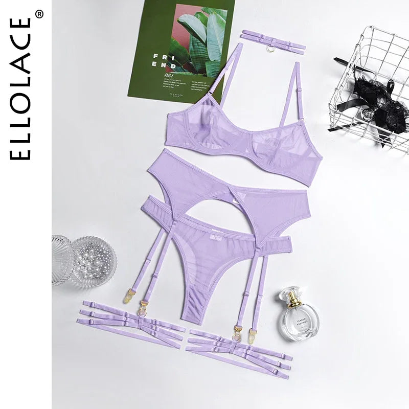 Ellolace 4 teilige Set Sexy Erotische Dessous Unterwäsche Bh Strumpfbänder Transparente Spitze Nahtlos | tif-shop24.de