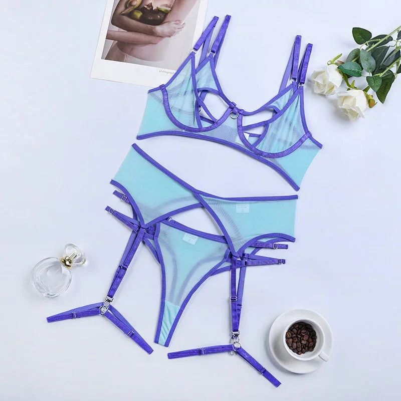 Ellolace Dessous Sexy Unterwäschen Patchwork BH Spitzenstrumpfband Set | tif-shop24.de