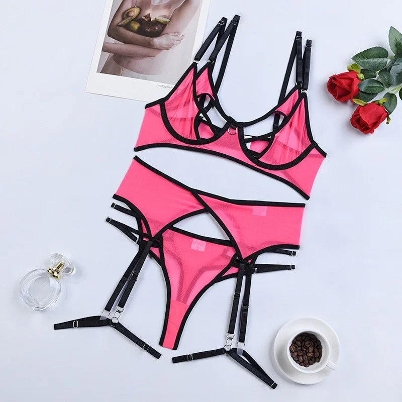 Ellolace Dessous Sexy Unterwäschen Patchwork BH Spitzenstrumpfband Set | tif-shop24.de