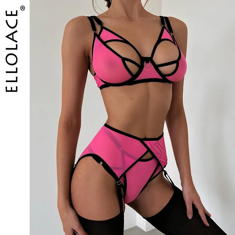 Ellolace Dessous Sexy Unterwäschen Patchwork BH Spitzenstrumpfband Set - tif-shop24.de