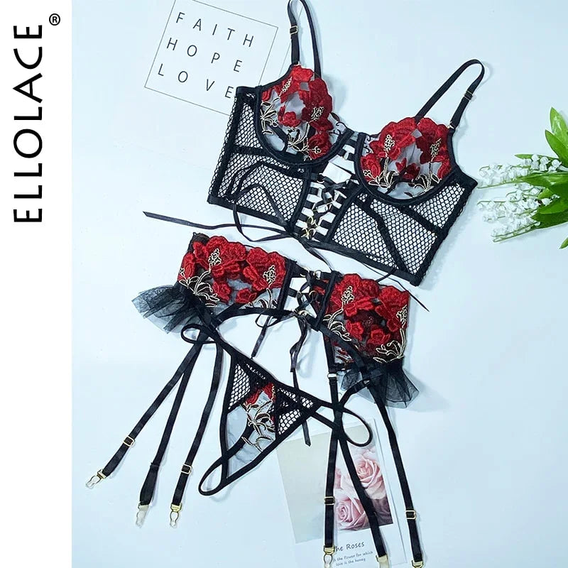 Ellolace Erotic Lingerie Sexy Bandage Transparent Bra Underwear Ruffled Garters Thongs | tif-shop24.de