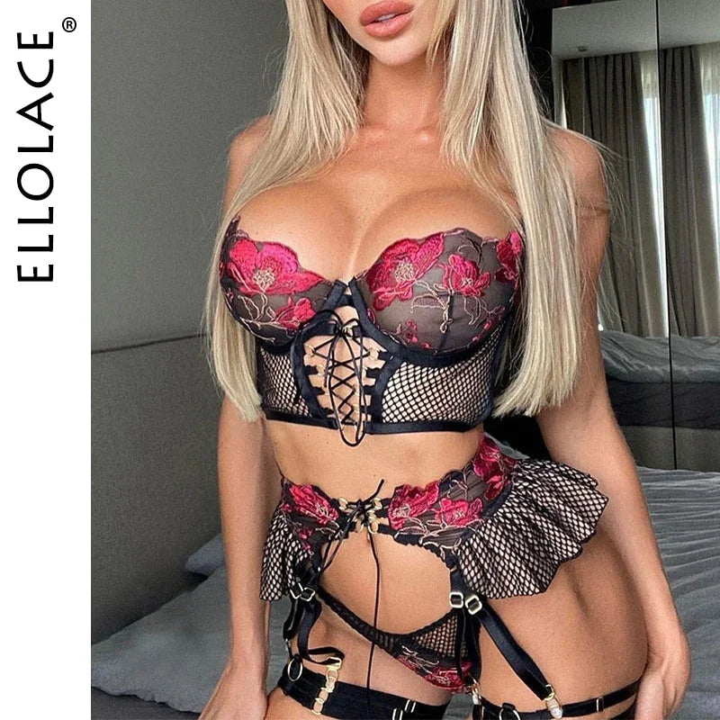 Ellolace Erotic Lingerie Sexy Bandage Transparent Bra Underwear Ruffled Garters Thongs | tif-shop24.de