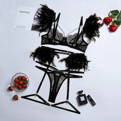 Ellolace Feather Lingerie Sexy Porn Underwear Women Body Transparent Bra Metal Chain Lace Exotic 3-Piece Set Luxury Intimate | tif-shop24.de