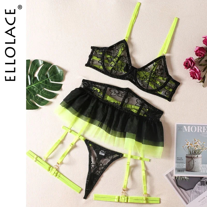 Ellolace Ruffle Neon Lingerie Lace Super Fine Fancy Delicate Intime Luxury Strumpfband 5-teiliges Outfit | tif-shop24.de