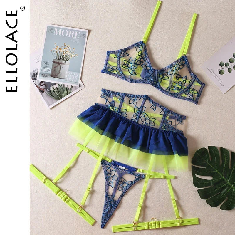 Ellolace Ruffle Neon Lingerie Lace Super Fine Fancy Delicate Intime Luxury Strumpfband 5-teiliges Outfit | tif-shop24.de