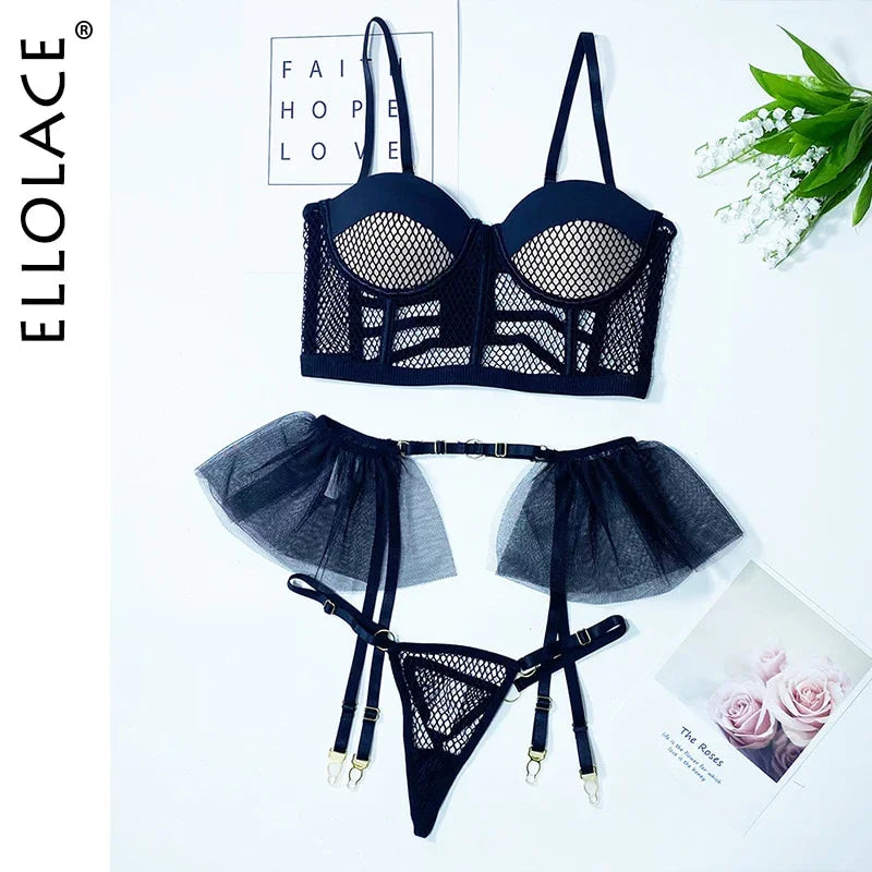 Ellolace Sexy Dessous Mesh Patchwork Fancy Unterwäsche Rüschen Strumpfbänder Zartes Luxus | tif-shop24.de