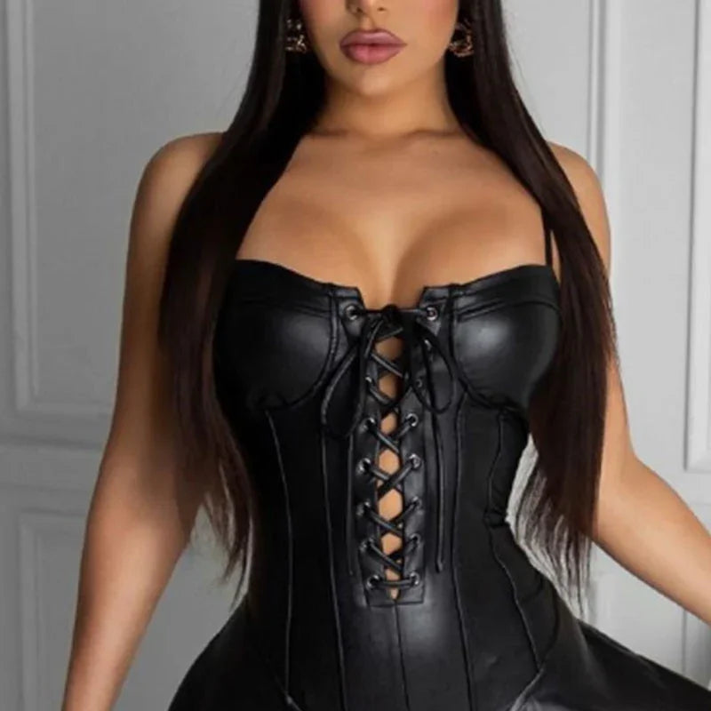 Sexy Club Spaghetti Strap Lace Up PU Leder Öse Mini Plissee Wrap A-Linie Clubwear | tif-shop24.de