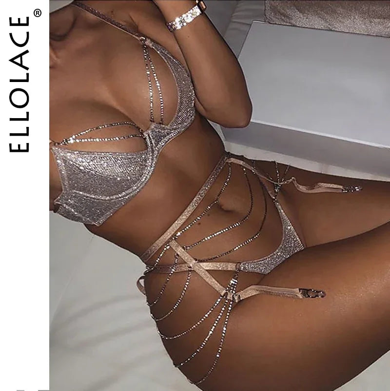 Ellolace Sparkle Chain Push Up Bra And Panty Set Women Rhinestone Lingerie Set Underwear Bralette Sexy | tif-shop24.de