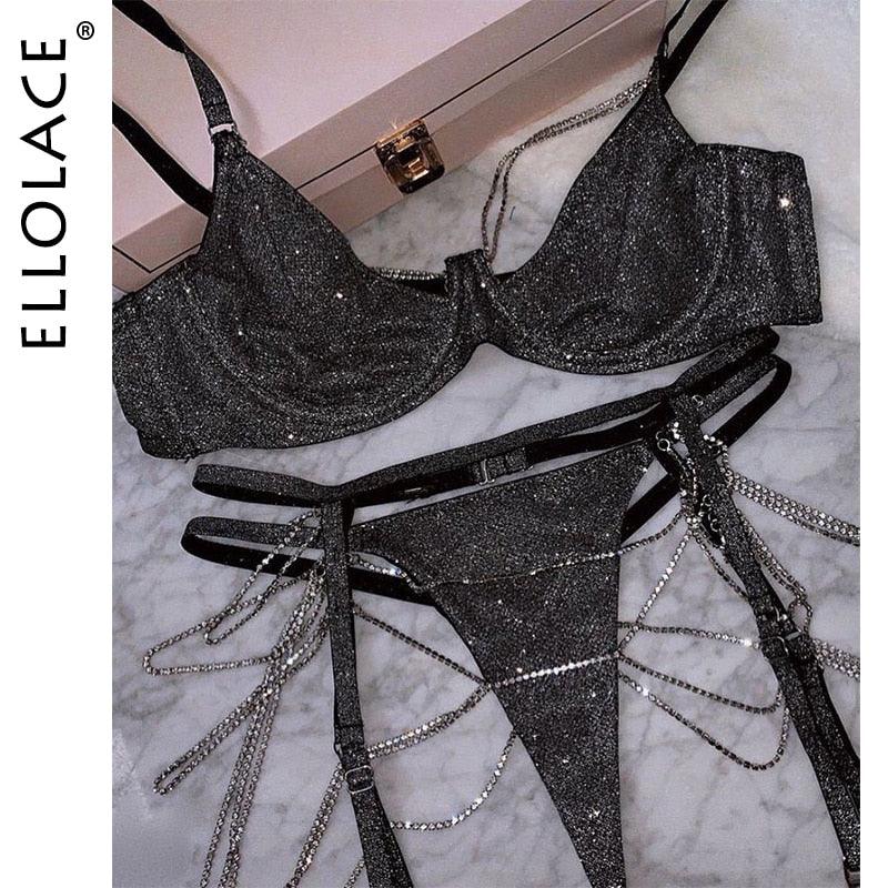 Ellolace Sparkle Chain Push Up Bra And Panty Set Women Rhinestone Lingerie Set Underwear Bralette Sexy | tif-shop24.de