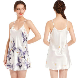 Gift Satin Nightgown Crane Print Sleepwear V Neck Lingerie Sexy Spaghetti Strap Nightwear | tif-shop24.de