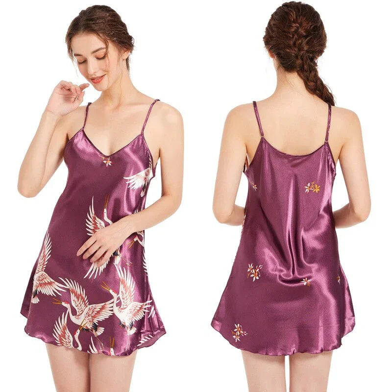 Gift Satin Nightgown Crane Print Sleepwear V Neck Lingerie Sexy Spaghetti Strap Nightwear | tif-shop24.de