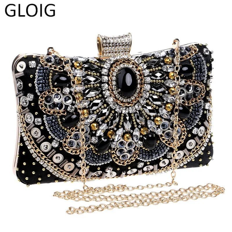 GLOIG Vintage Schwarz Perlen Abend Kupplung Taschen Damen Box Metall Kupplungen Hochzeit Cocktail Party Handtaschen Geldbörsen | tif-shop24.de