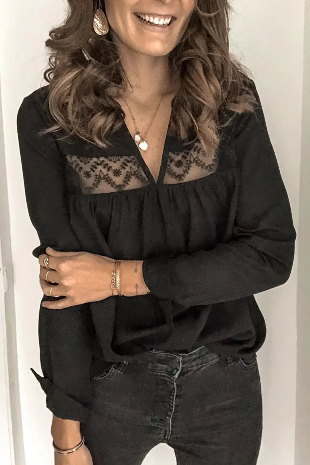 Patchwork Lace Cut out Backless V Neck Shirt | tif-shop24.de