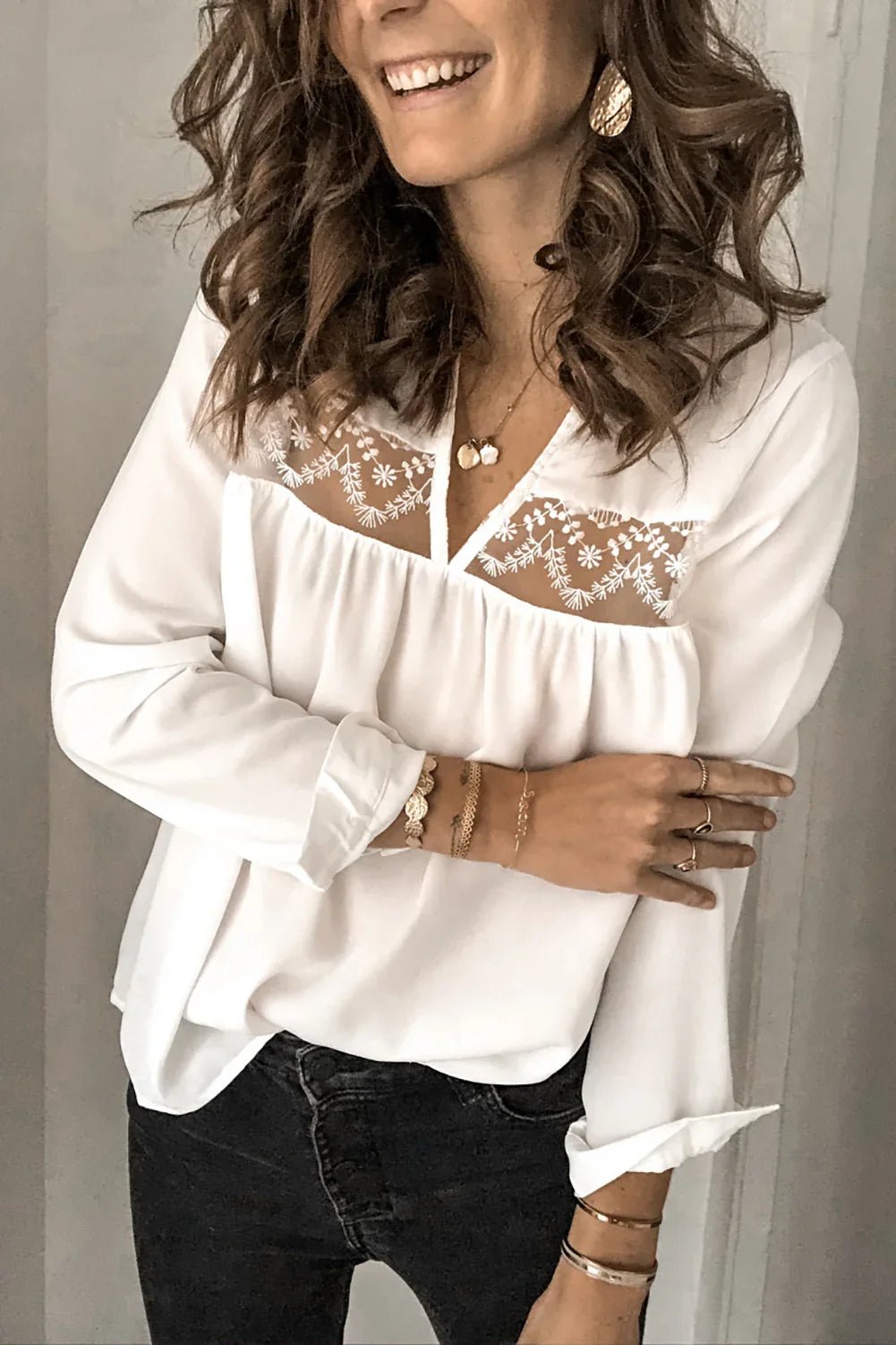 Patchwork Lace Cut out Backless V Neck Shirt | tif-shop24.de