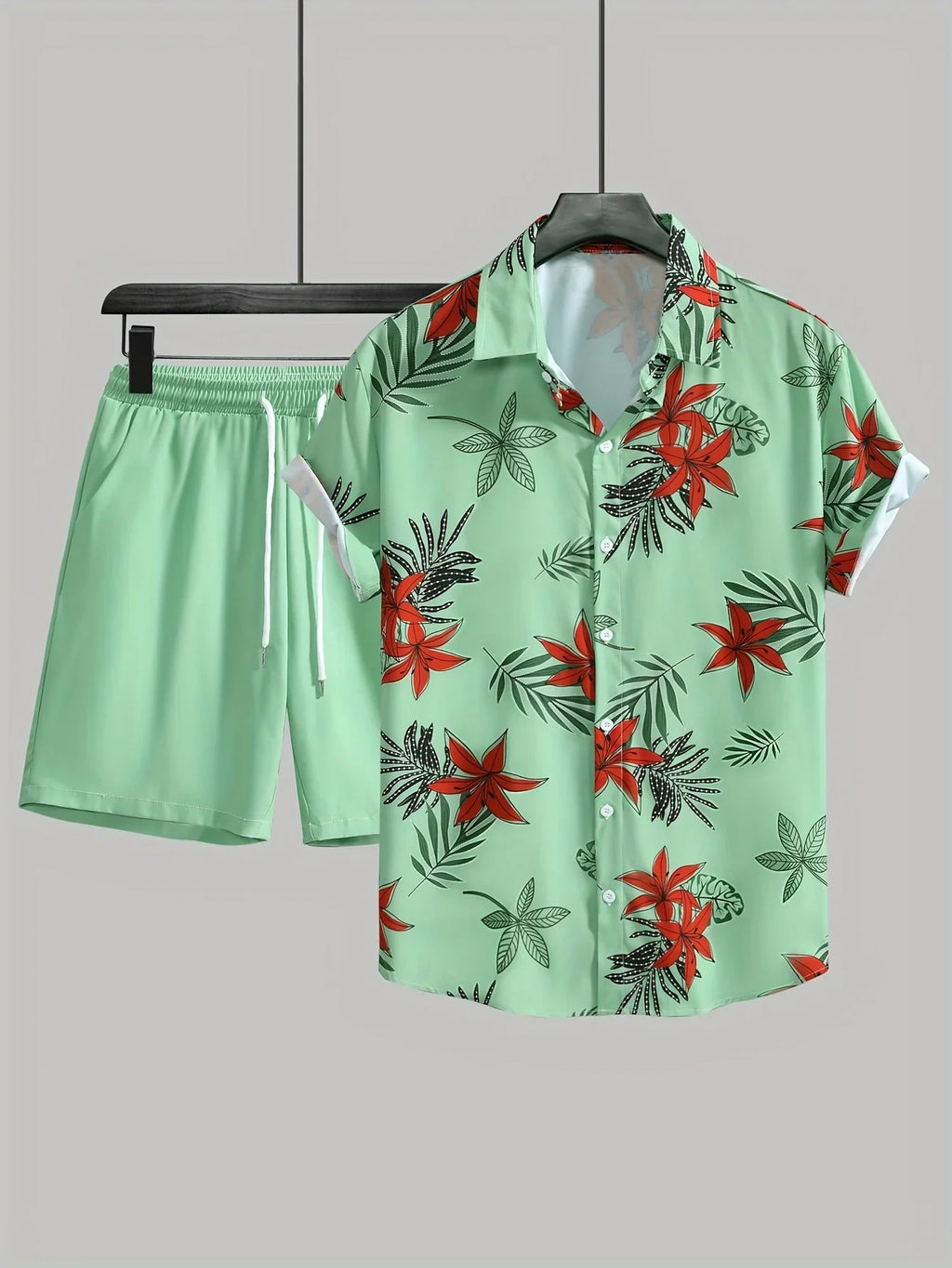 Blumen- Und Blattdruck, 2-teiliges Outfit, Lässiges Camp-Kragen-Revers-Knopf-Kurzarmhemd, Hawaiihemd Und Kordelzug-Shorts - tif-shop24.de