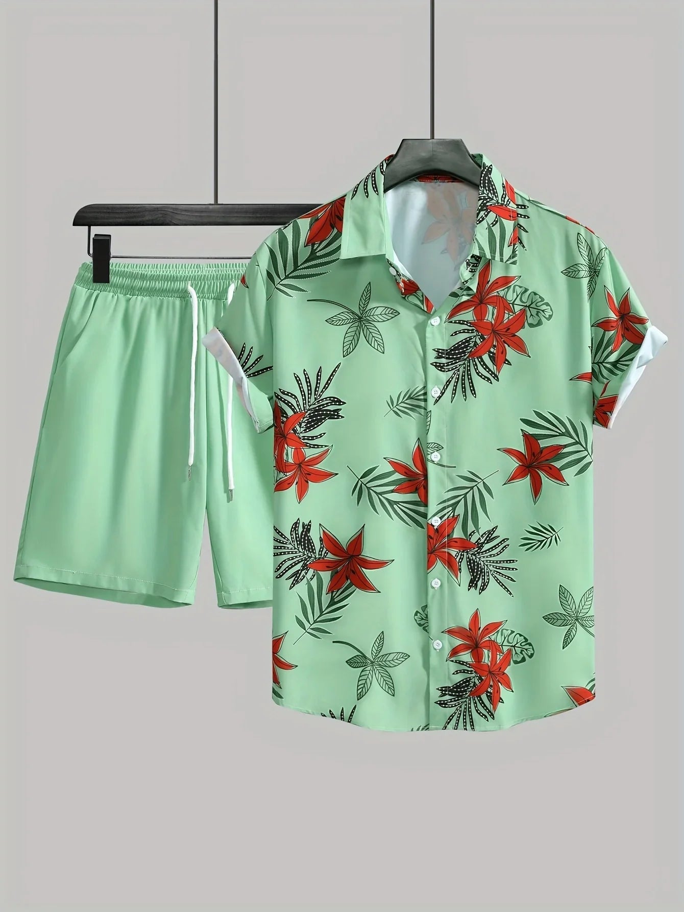 Blumen- Und Blattdruck, 2-teiliges Outfit, Lässiges Camp-Kragen-Revers-Knopf-Kurzarmhemd, Hawaiihemd Und Kordelzug-Shorts - tif-shop24.de