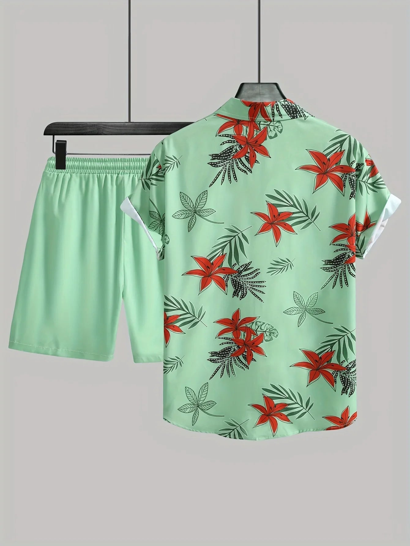 Blumen- Und Blattdruck, 2-teiliges Outfit, Lässiges Camp-Kragen-Revers-Knopf-Kurzarmhemd, Hawaiihemd Und Kordelzug-Shorts - tif-shop24.de