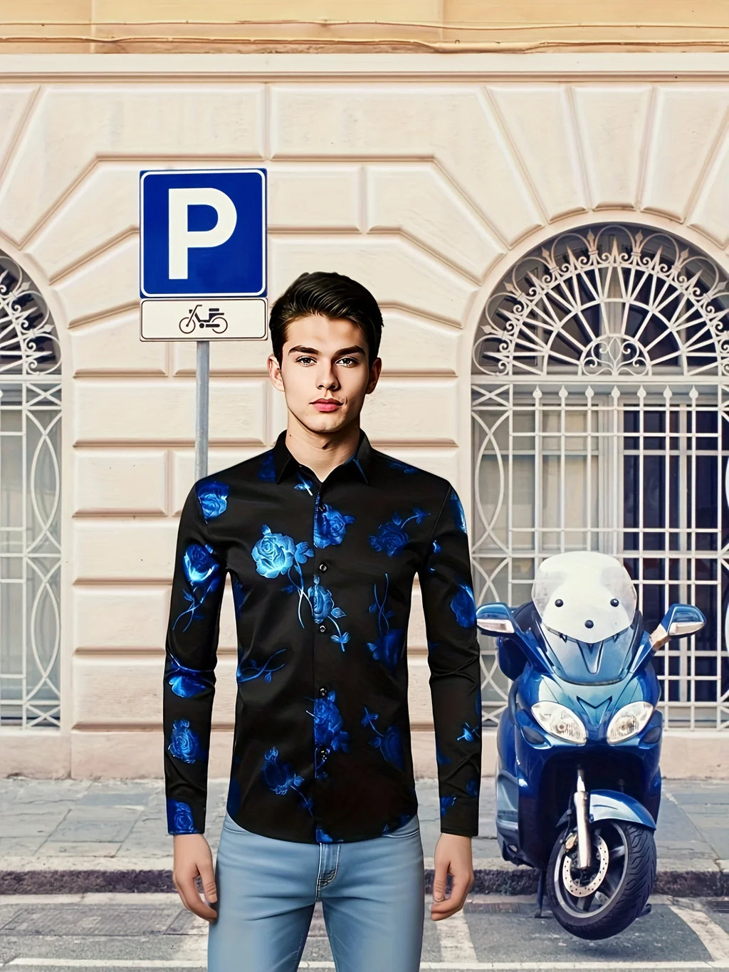 Schmaler Passform, Blauem Rosenmuster, Für Partys & Bankette - tif-shop24.de