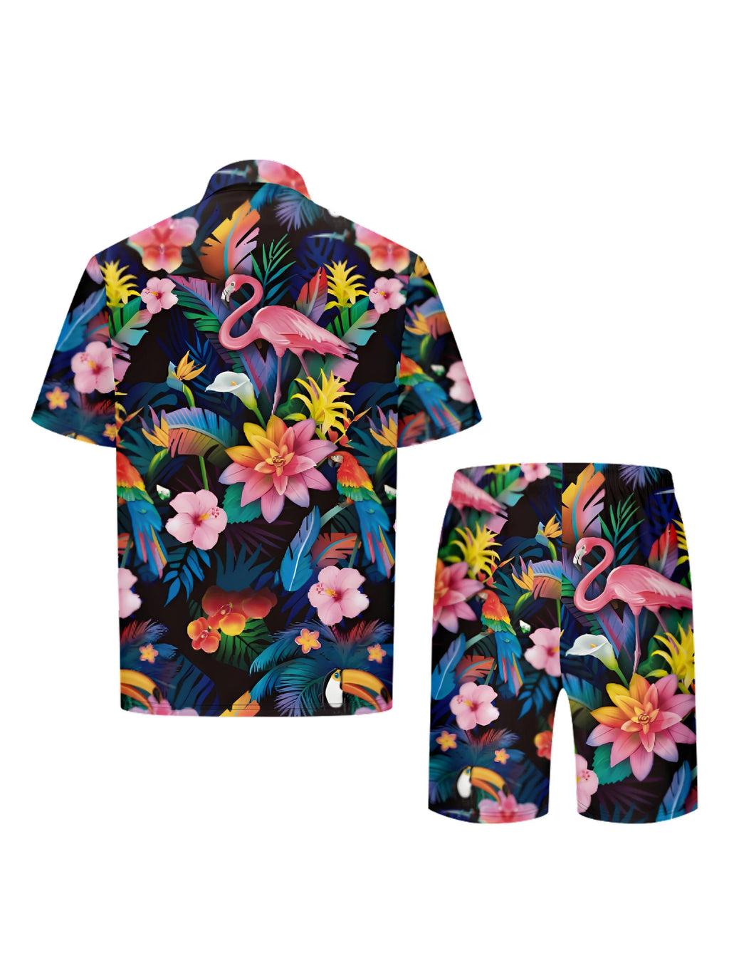 Blumen- Und Flamingo-Druck, 2-teiliges Herren-Outfit, Lässiges Camp-Kragen-Revers-Knopf-Kurzarmhemd, Hawaii-Hemd Und Kordelzug-Shorts-Set Für Den Sommer - tif-shop24.de