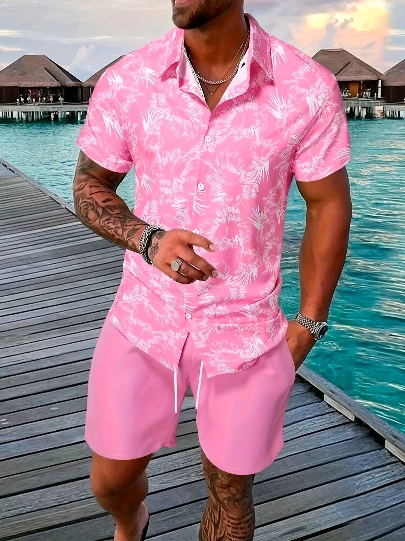 Blumen- Und Blattdruck, 2-teiliges Herren-Outfit, Lässiges Camp-Kragen-Revers-Knopf-Kurzarmhemd, Hawaiihemd Und Kordelzug-Shorts-Set Für Den Sommer, Herrenbekleidung - tif-shop24.de