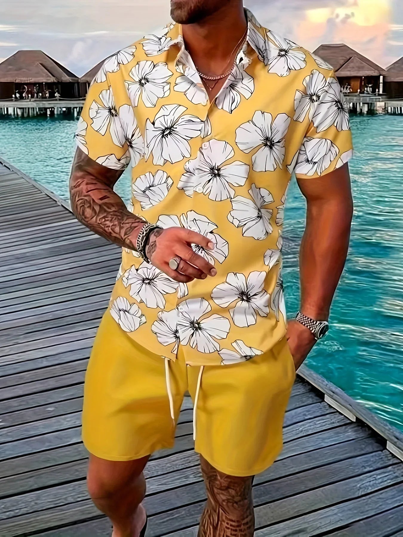 Blumen- Und Blattdruck, 2-teiliges Herren-Outfit, Lässiges Camp-Kragen-Revers-Knopf-Kurzarmhemd, Hawaiihemd Und Kordelzug-Shorts-Set Für Den Sommer, Herrenbekleidung - tif-shop24.de