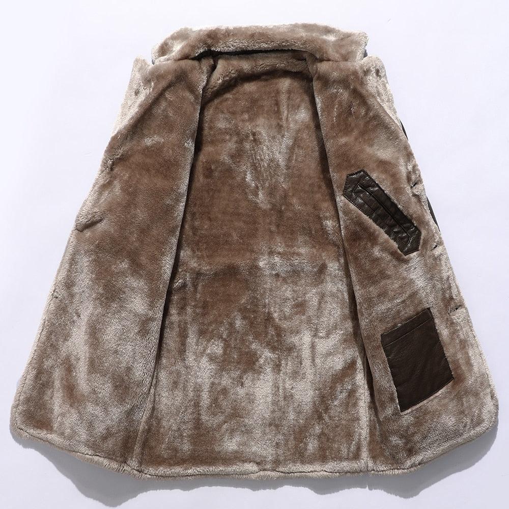 Lange Lederjacken Revers Dickes Fleece Casual Vintage Faux Jacke Outwear PU Ledermäntel - tif-shop24.de