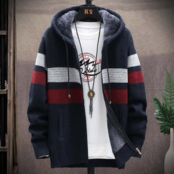 Gestreifter Pullover Mantel Dickes Fleece Warmer Reißverschluss Wolle Strickjacke mit Kapuze | tif-shop24.de