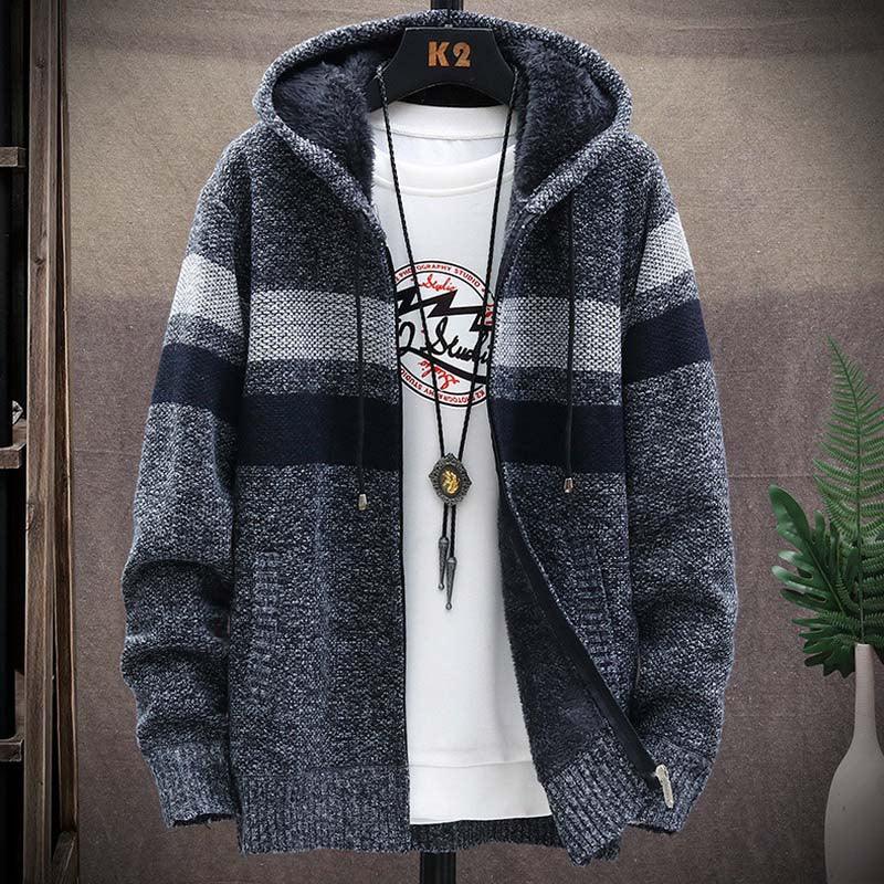 Gestreifter Pullover Mantel Dickes Fleece Warmer Reißverschluss Wolle Strickjacke mit Kapuze | tif-shop24.de