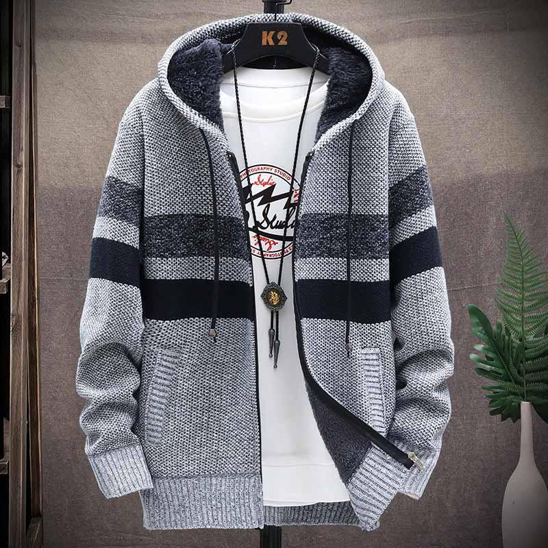Gestreifter Pullover Mantel Dickes Fleece Warmer Reißverschluss Wolle Strickjacke mit Kapuze | tif-shop24.de