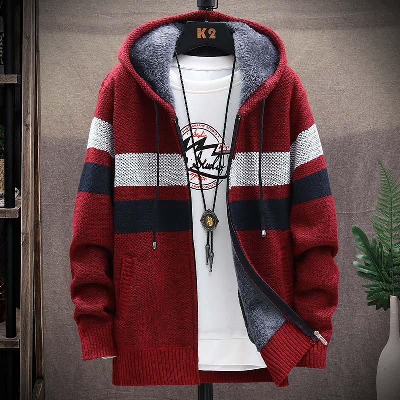 Gestreifter Pullover Mantel Dickes Fleece Warmer Reißverschluss Wolle Strickjacke mit Kapuze | tif-shop24.de