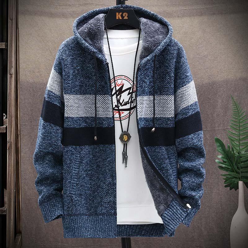 Gestreifter Pullover Mantel Dickes Fleece Warmer Reißverschluss Wolle Strickjacke mit Kapuze | tif-shop24.de