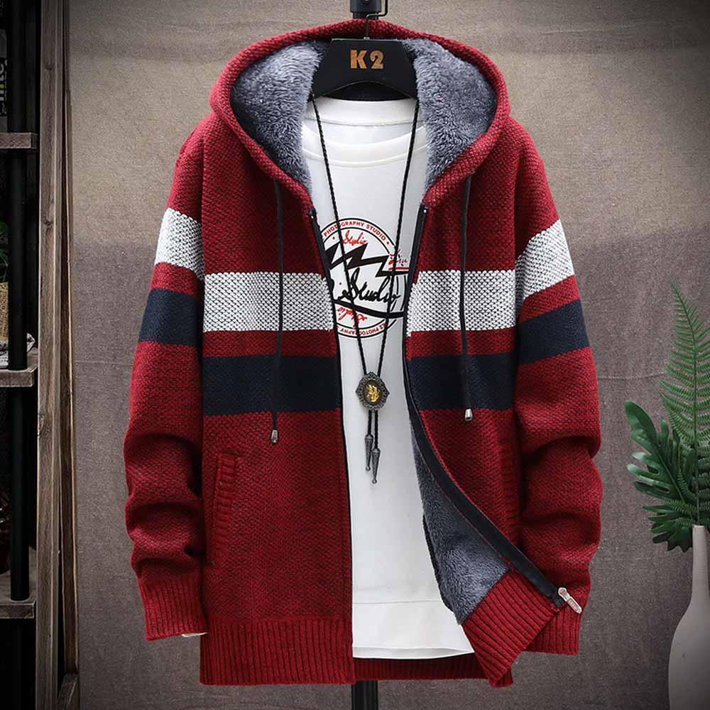 Gestreifter Pullover Mantel Dickes Fleece Warmer Reißverschluss Wolle Strickjacke mit Kapuze | tif-shop24.de