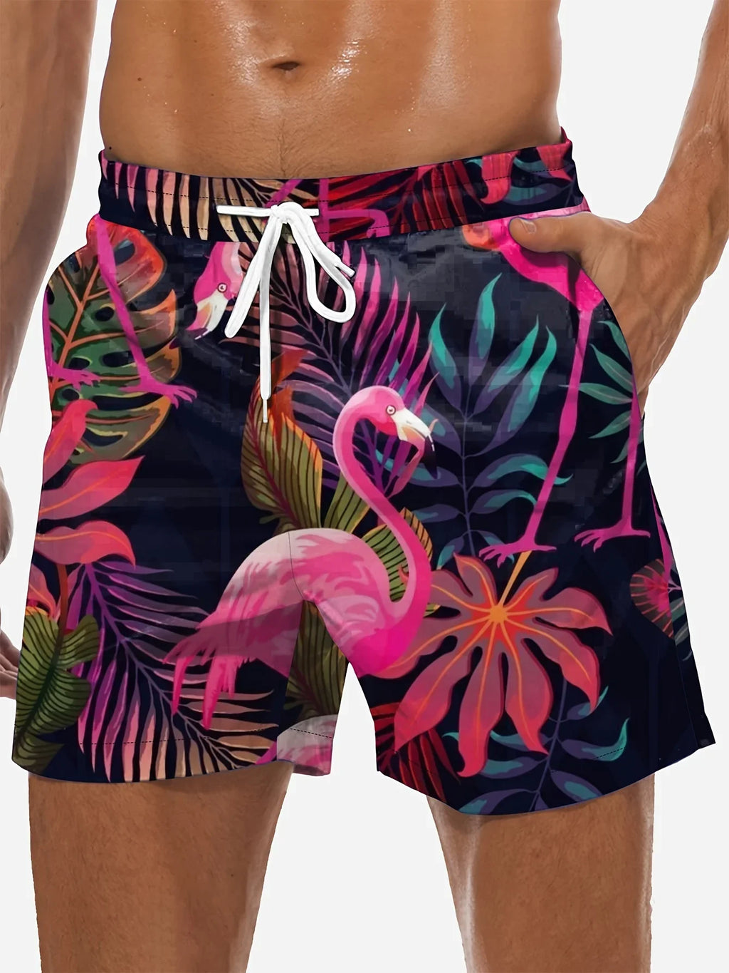 lockere Strandshorts ,Shorts mit Kordelzug und schnell trocknendem Flamingo-Muster, leichte Einzelschicht-Shorts ohne Netzinnenfutter - tif-shop24.de