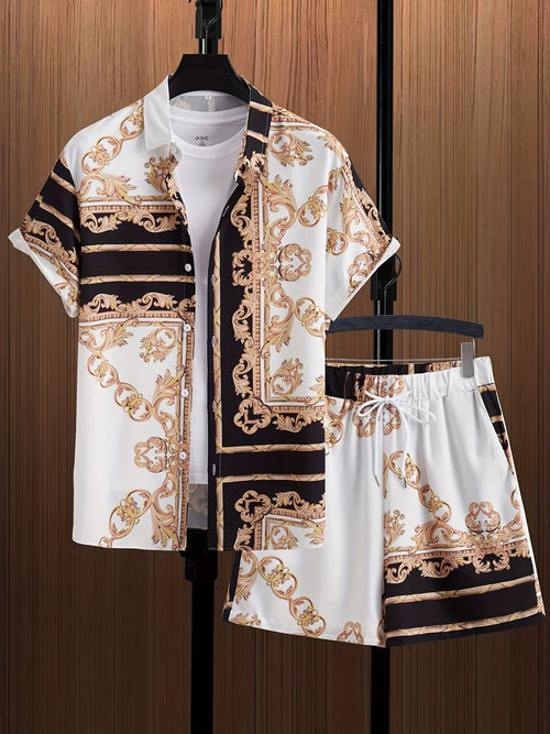 Retro-Muster-Druck, Casual-Lapel-Knopfleiste Kurzarmhemden Hawaii-Shirt Und Kordelzug-Shorts-Set - tif-shop24.de